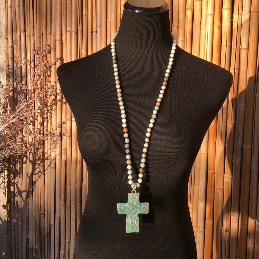 BRAND NEW Boho Blue/Green Amazonite Stone Cross Necklace - Picture 4 of 8